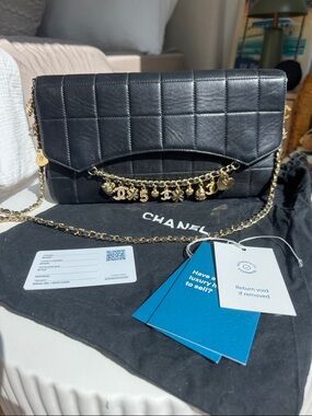 Chanel Lucky Charms Quilted Leather Flap Bag Black Gold Chain Rare Vintage